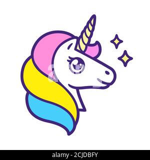 Cartoon unicorn head with rainbow mane and sparkles. Cute logo or print, isolated vector illustration. Stock Vector