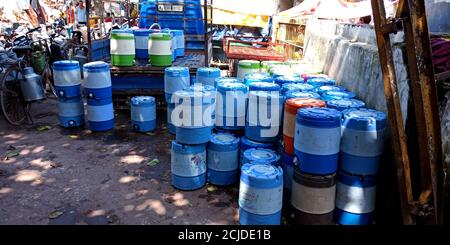 DISTRICT KATNI, INDIA - SEPTEMBER 24, 2019: Water supply drinking tank kept for transportation at public area. Stock Photo