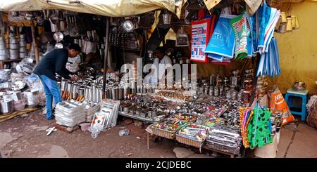 DISTRICT KATNI, INDIA - SEPTEMBER 24, 2019: Religious vessel presented for sale at indian festival bazaar season sale by village salesmen. Stock Photo