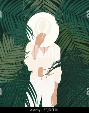 Illustration of a female wearing white clothes standing in a forest Stock Photo