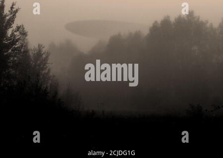 Abstract composition of alien spaceship over foggy forest and extraterrestrial figurine silhouettes in meadow during dark night. Vintage grunge filter Stock Photo