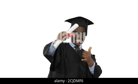 Excited african american male student in graduation robe waiving Stock Photo