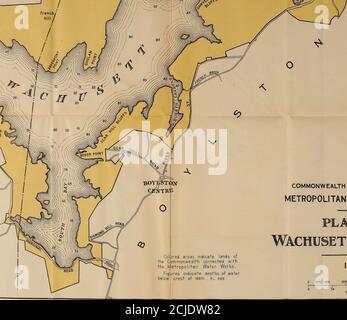 . Annual report of the Metropolitan Water and Sewerage Board . WACHUSETT RESERVOIR AREA OF WATER SURFACE 4135 ACRES CAPACITY. 64,968,000,000 GALLONS MAXIMUM DEPTH OF WATER   . 129 FEETAVERAGE » » ■ 48 •• AREA OF WATERSHED 118.19 SQ.MILES WACHUSETT DAM LENGTH OF MAIN DAM 838 FEET « WASTE WEIR 452 » MAXIMUM HEIGHT OF DAM ABOVE ROCK 207 -THICKNESS OF MASONRY AT BOTTOM...185 ■ NORTH DIKE LENGTH ON WATER SIDE 2 MILES HEIGHT AT DEEPEST POINT 65 FEET MAXIMUM WIDTH AT BASE 1930 » CONTENTS 5,861,800 CU YDS. Colthe C the Fig below COMMONWEALTH of MASSACHUSETTS METROPOLITAN WATER WORKS Stock Photo