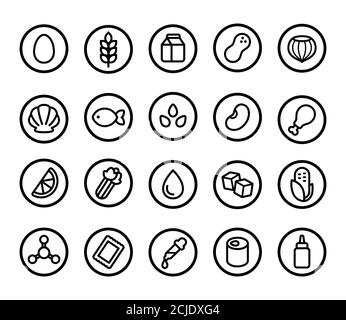 Set of allergy ingredient icons, common allergen warning. Gluten and nuts, eggs and dairy, artificial sweeteners and preservatives, and more. Simple l Stock Vector