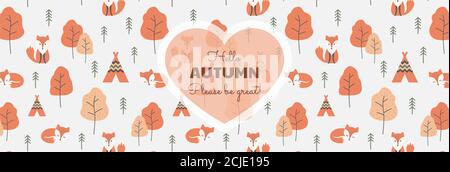 Hello autumn slogan banner, colorful pattern. Text lettering with foxes and trees background, autumn colors vector. Stock Vector