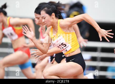 Shaoxing, China's Zhejiang Province. 15th Sep, 2020. Ge Manqi competes during the women's 100m heats on Day 1 of the 2020 Chinese National Athletics Championships in Shaoxing, east China's Zhejiang Province, Sept. 15, 2020. Credit: Jia Yuchen/Xinhua/Alamy Live News Stock Photo