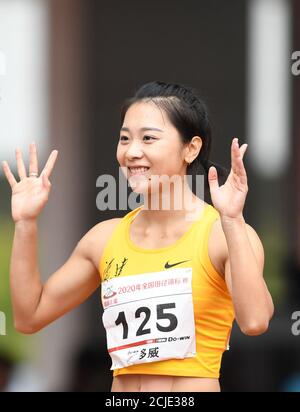 Shaoxing, China's Zhejiang Province. 15th Sep, 2020. Ge Manqi gestures before the women's 100m heats on Day 1 of the 2020 Chinese National Athletics Championships in Shaoxing, east China's Zhejiang Province, Sept. 15, 2020. Credit: Jia Yuchen/Xinhua/Alamy Live News Stock Photo