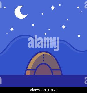 Camping tent on night landscape, sleeping under the stars. Outdoor travel vector illustration in simple flat cartoon style. Stock Vector