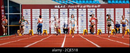 Shaoxing, China's Zhejiang Province. 15th Sep, 2020. Runners compete during the women's 100m heats on Day 1 of the 2020 Chinese National Athletics Championships in Shaoxing, east China's Zhejiang Province, Sept. 15, 2020. Credit: Wang Lili/Xinhua/Alamy Live News Stock Photo