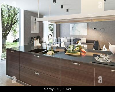 Kitchen exhaust hood in kitchen interior. 3D rendering Stock Photo - Alamy