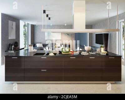 Kitchen exhaust hood in kitchen interior. 3D rendering Stock Photo - Alamy