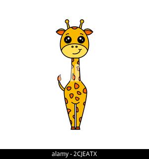 ute Giraffe in Kawaii Style. Smiling giraffe with big eyes. Cartoon character animal on white background. Funny colorful giraffe with outline. Zoo Stock Vector