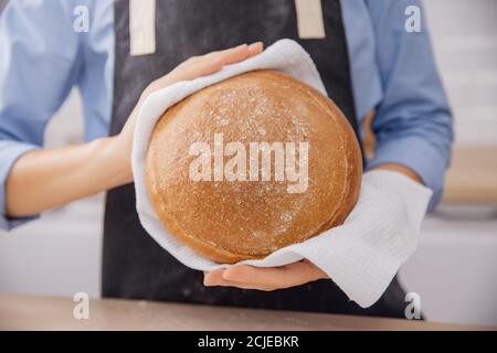 Close-up of fresh hot round bread in hands of woman baker Stock Photo
