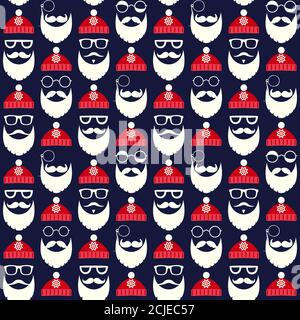 Seamless pattern of faces with Santa hats, mustache and beards. Various doodles Christmas Santa design elements. Holiday icons Stock Vector