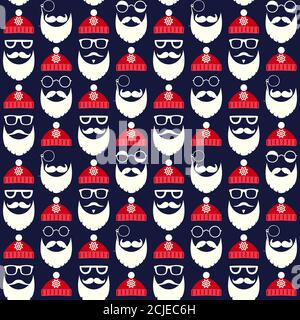 Seamless pattern of faces with Santa hats, mustache and beards. Various doodles Christmas Santa design elements. Holiday icons Stock Vector