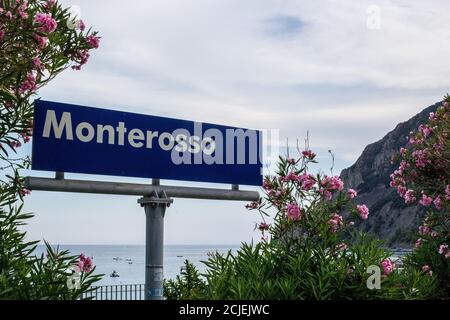Monterosso al Mare, Italy - July 8, 2017: View of an Entrance Sign of Monterosso al Mare, Cinque Terre Stock Photo