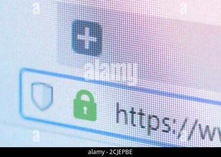 Light web browser close-up on LCD screen with shallow focus with https padlock. Internet security, SSL certificate, cybersecurity, search engine and w Stock Photo