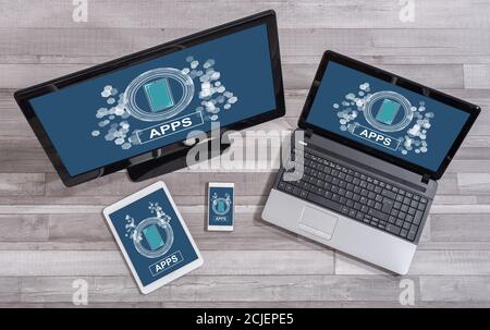 Apps concept shown on different information technology devices Stock Photo