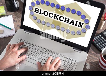 Blockchain technology concept shown on a laptop screen Stock Photo