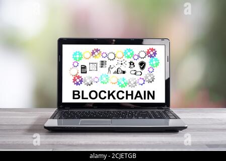Blockchain concept shown on a laptop screen Stock Photo