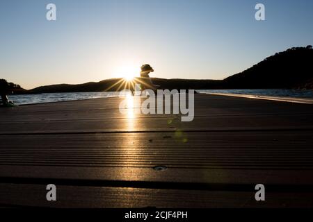 young girl doing yoga poses on a pier at sunset. Cobra Posture Stock Photo
