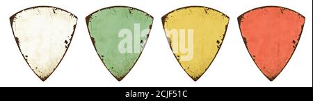 Four empty vintage tin signs hanging on a white background Stock Photo ...