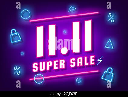 November 11 super sale shopping day neon sign background for poster, web banner, landing page, poster, flyer, promotional material. Stock Vector
