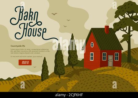 Red farm house. Rural landscape with Barn house in rustic style on green field with cypresses. Vector illustration in flat cartoon style Stock Photo