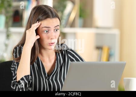 Worried woman discovering error on laptop sitting at home Stock Photo