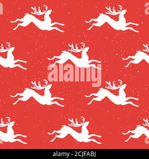 Christmas seamless pattern, deer silhouettes with xmas pine tree doodle.Hand drawn background for design and decoration textile, covers, package, wrap Stock Vector