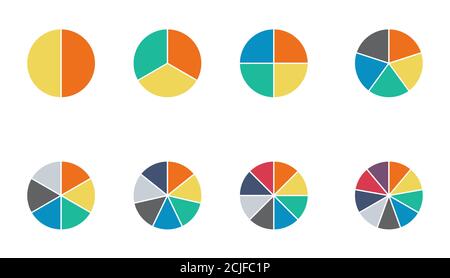 Infographic pie chart set. Cycle collection - 2,3,4,5,6,7 and 8 section. Vector isolated on white background . Stock Vector