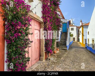 Colorful street with flowers in the medieval town of Óbidos, Portugal Stock Photo