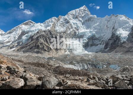 Looking up at Nuptse over the massive Khumbu glacier. Stock Photo