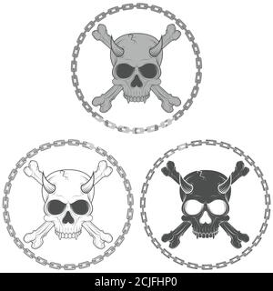 Demonic skull vector design with bones surrounded by chains, in black and white. Stock Vector