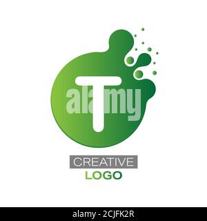 Creative logo. The letter T on a round dot with splashes. Vector illustration for logo, sticker, brand, sticker isolated on white background. Stock Vector