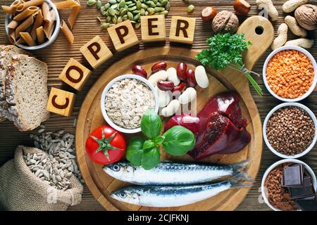 Foods highest in Copper (Cu). Natural sources of minerals Stock Photo