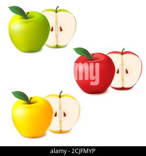 Realistic apples vector set. Whole and sliced red, green and yellow. Stock Vector