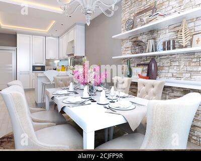 Dining and kitchen in neoclassical style, 3d images Stock Photo