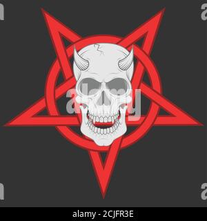 Illustration of demonic skull and intertwined five pointed star with circle. Stock Vector