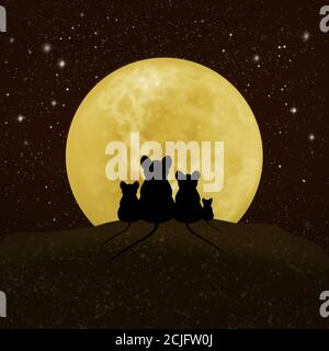 A family of mice looking at the moon and the starry sky. Four mice on the background of the moon. Stock Photo