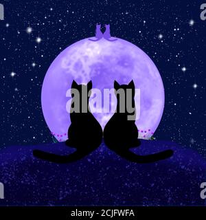 Illustration of two cats against the background of the moon and the starry sky. Blurred moon. Stock Photo