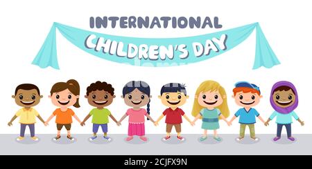 Smiling children holding hands. International Children's Day background. Stock Vector