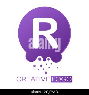 Creative logo. The letter R on a round dot with splashes. Vector illustration for logo, sticker, brand, sticker isolated on white background. Stock Vector