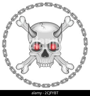Vector design of demonic skull with bones surrounded by chains, all on white background. Stock Vector