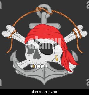 Vector design inspired by pirates, where you can see elements with skulls, bones, anchors, parcje in the hole, rope all on a soft background. Stock Vector