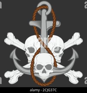 Vector illustration of skulls with an anchor with rope and bones, all on dark background, easy to edit. Stock Vector