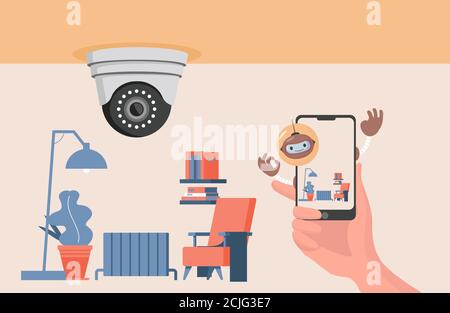 Smart home security system vector flat concept. CCTV camera monitoring house status and send videos to smartphone camera. Video surveillance security system in apartment concept. Stock Vector