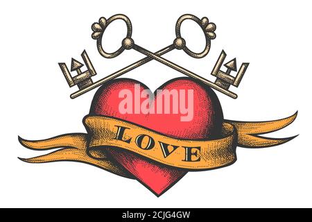 Heart with golden keys and ribbon with lettering Love drawn in retro tattoo style. Vector illustration. Stock Vector