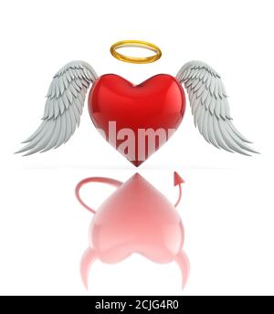 angel heart seen as a devil heart in reflection - love 3d concept Stock Photo