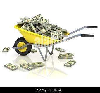 wheelbarrow full of money - wealth, fortune, capital, earnings, lottery, dollar 3d concept Stock Photo